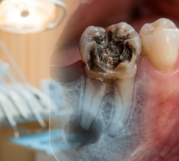 Molar con caries profunda que alcanzó el nervio, con radiografía sobrepuesta que muestra las raíces antes del tratamiento de endodoncia