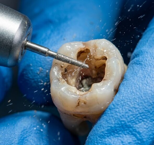 Apertura de la cámara pulpar con fresa de alta velocidad durante un tratamiento de endodoncia