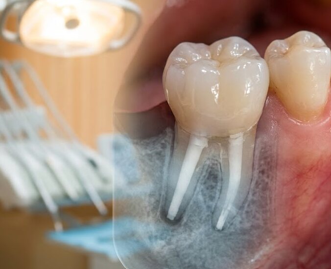 Molar rehabilitada después de la endodoncia, con radiografía que muestra los conductos sellados y la pieza funcional