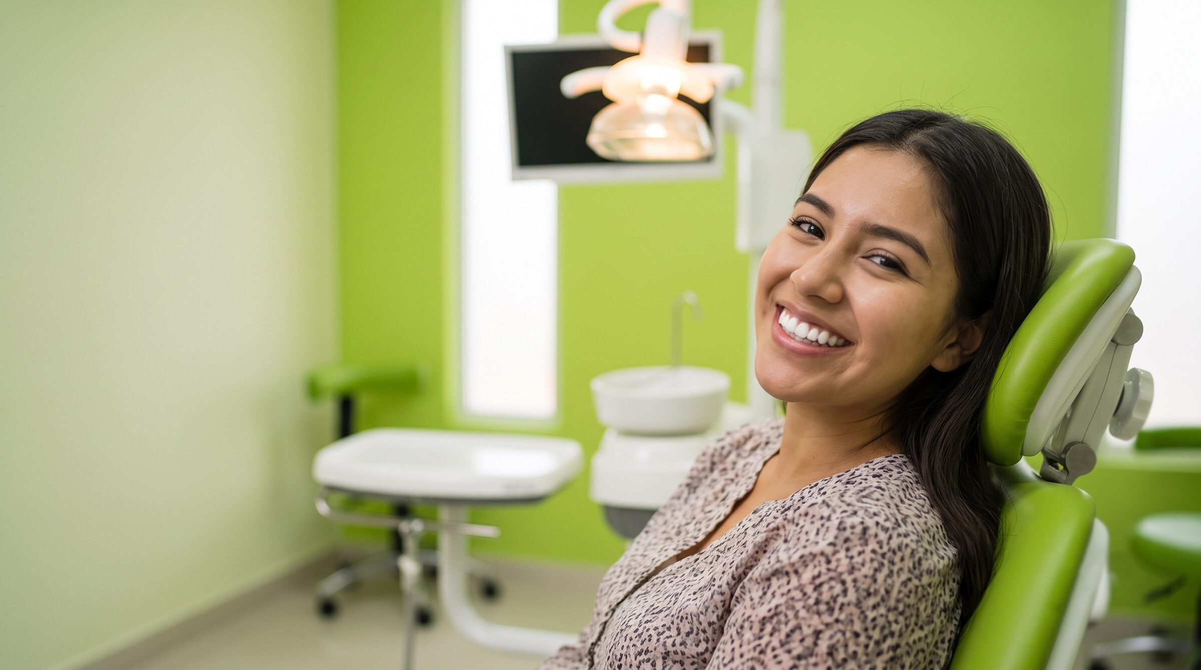 Paciente sonriendo con tranquilidad en el sillón dental de un consultorio odontológico